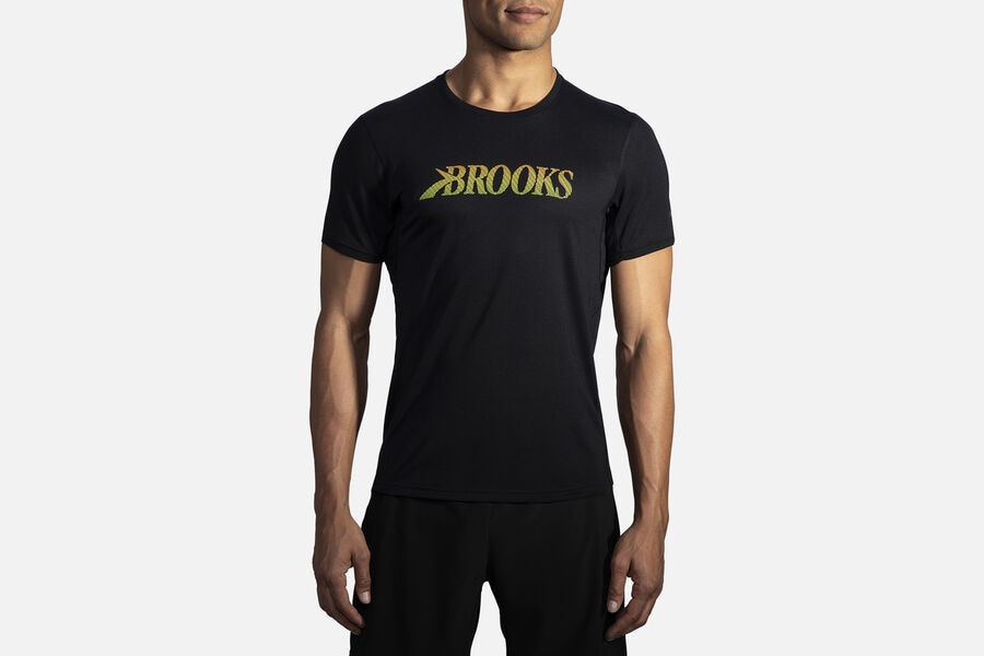 Mens Brooks Distance Graphic Sleeve Tops Black/Flying B | 025481-KOA